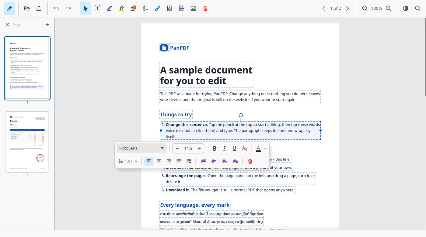 电脑上的 PanPDF 编辑器，已打开一份文档